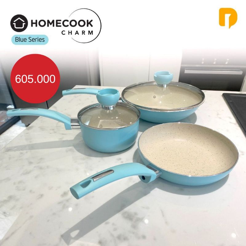 Homecook Charm Blue Set Alat Masak Kekinian Warna Biru Soft Cantik Anti Lengket Dengan Tutup Kaca