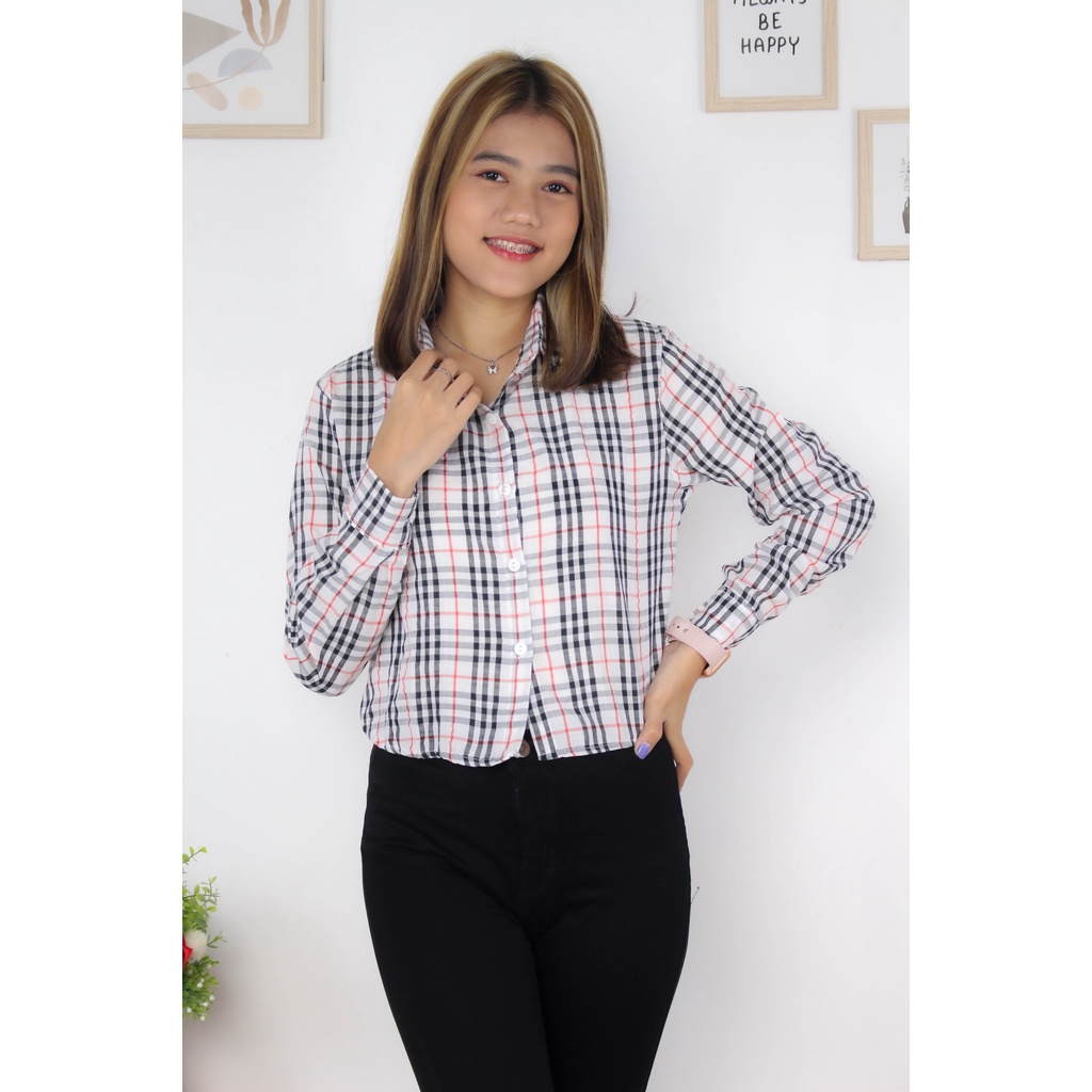 RX Fashion - Tartan Crop - Baju Kemeja Wanita crop - BN-BB - PUTIH