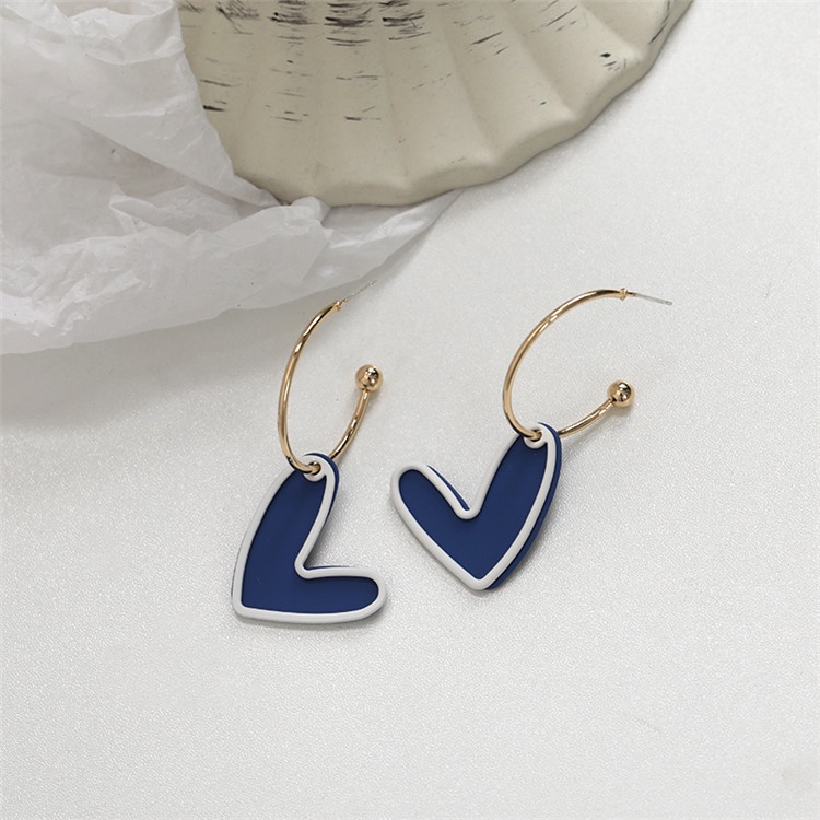 Anting stud Desain Hati Warna Biru Gaya Perancis