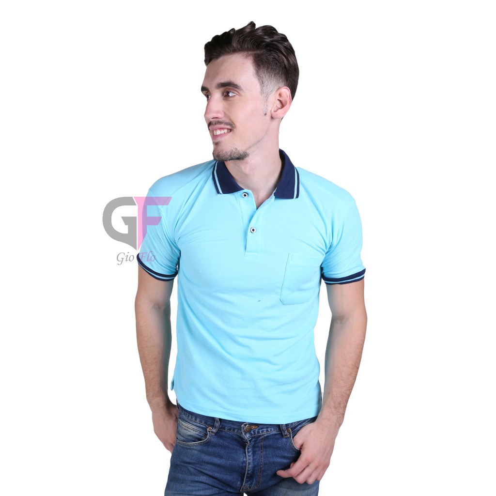 GIOFLO Kaos Kekinian Pria Kerah Polo Keren Biru Bubble Kerah Hitam / PLS 16
