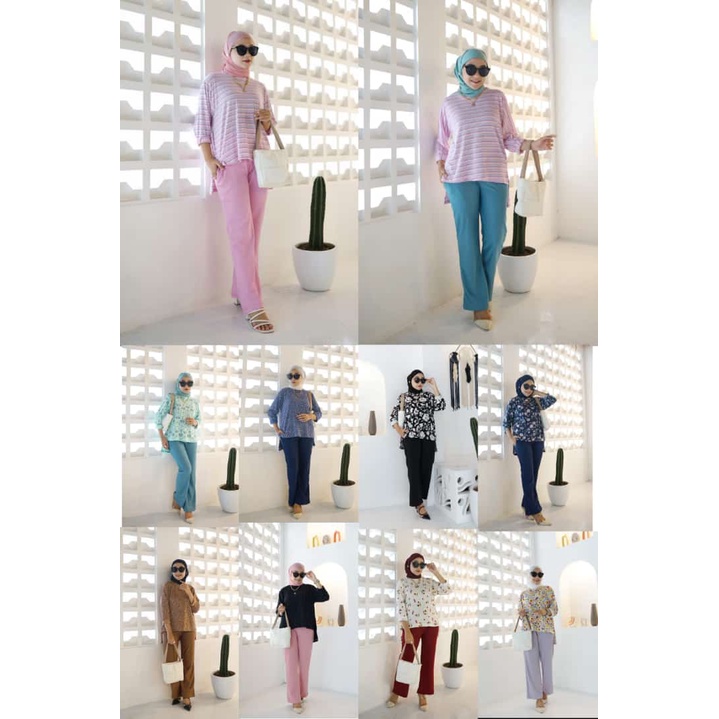 CANDY ONE SET  Ld -+120-130 cm, PbD -+60 cm,  PbB 70cm Bahan atasan: Kaos Combo Bahan Celana: Knit