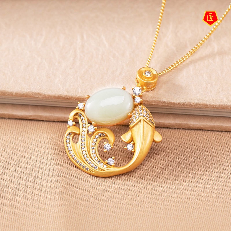 [Ready Stock]Hetian Jade Personality Full Diamond Gold Carp Pendant for Women