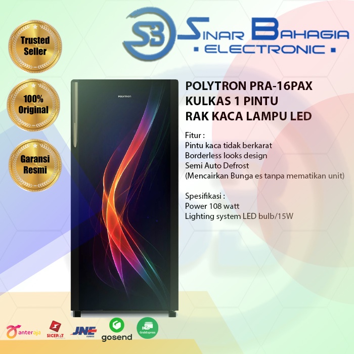 POLYTRON PRA-16PAX KULKAS 1 PINTU RAK KACA LAMPU LED (NEW)