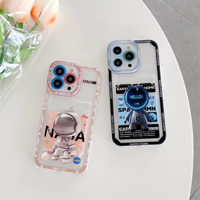 Soft Case Pelindung Lensa Transparan Desain Astronot Kartu Untuk iPhone 12 13 Pro MAX 11 X XR XS MAX 7 8 Plus