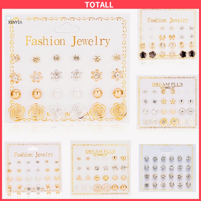 [✅READY STOCK] 12 Pasang/1 Set Anting Tusuk Model Mutiara Intan Bentuk Bulat Gaya Korea Untuk Wanita premium earring hadiah kado