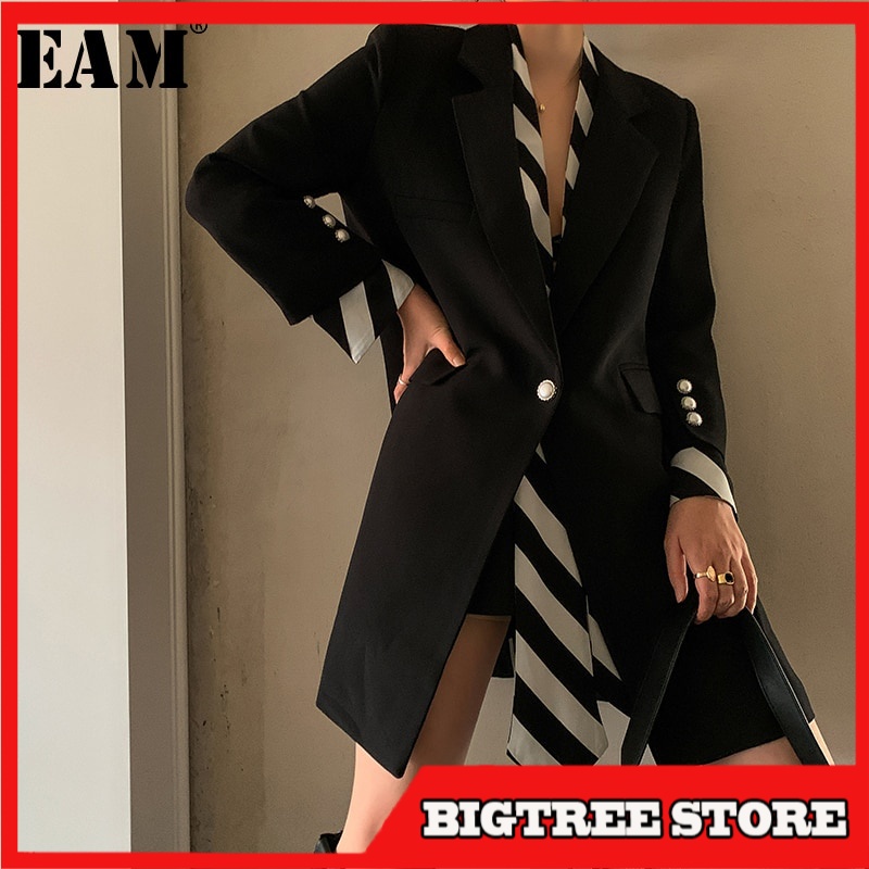 Blazer Wanita Korea Import Eksklusif Black Striped Printed Stitch Long Blazer New Lapel Long Sleeve 