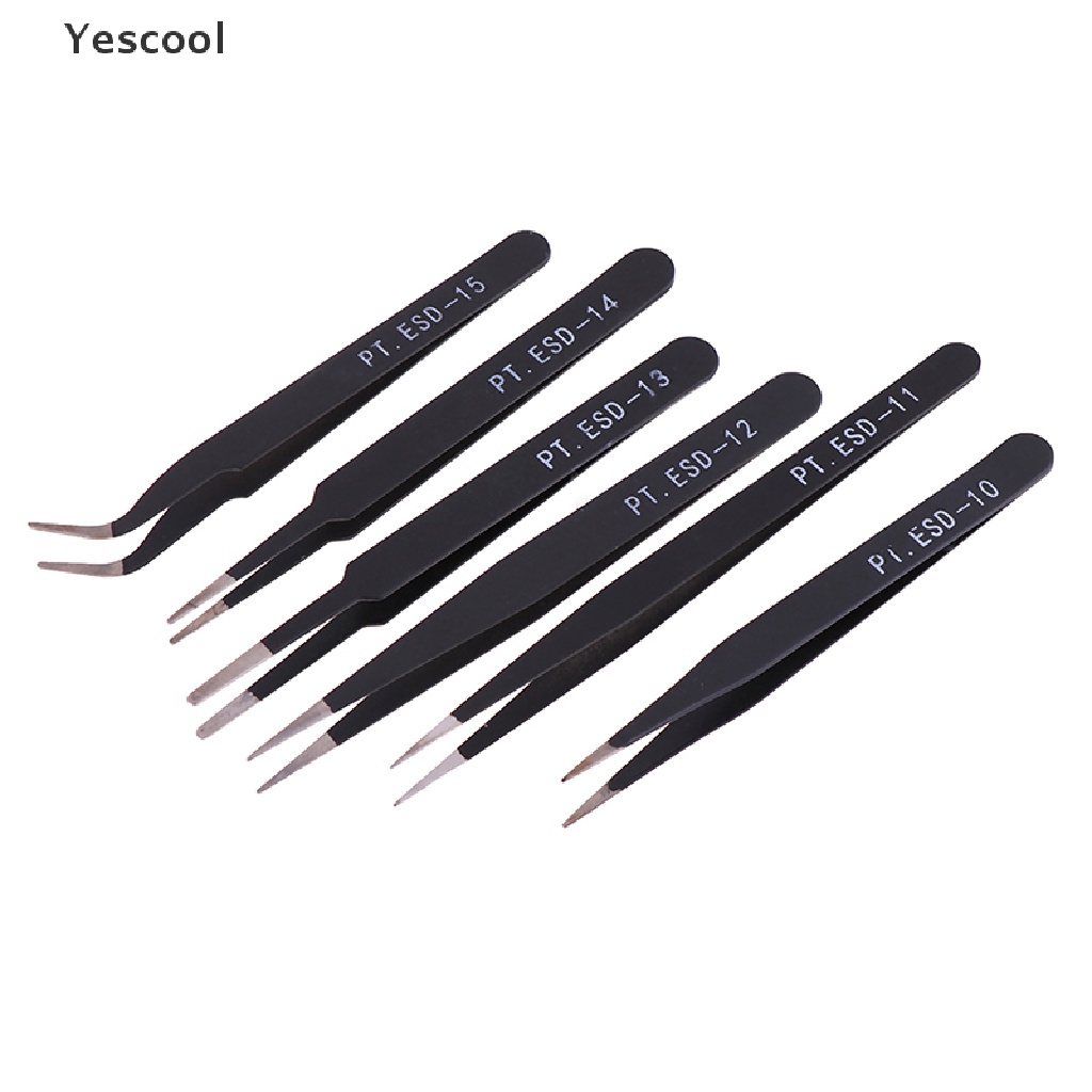 Yescool 6Pcs Pinset Lurus / Lengkung anti Statis Untuk Reparasi esd