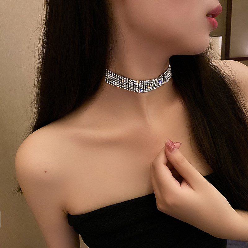 Kalung Pengantin Pesta Pernikahan Berkedip Aksesoris Perhiasan Penuh Kristal Berlian Imitasi Perak Punk Fashion Rantai Sexy Choker