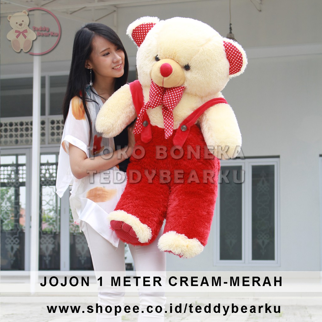 TEDDY BEAR JUMBO 1 METER POLKADOT JOJON LUCU SUPER LANGKA CREAM-MERAH