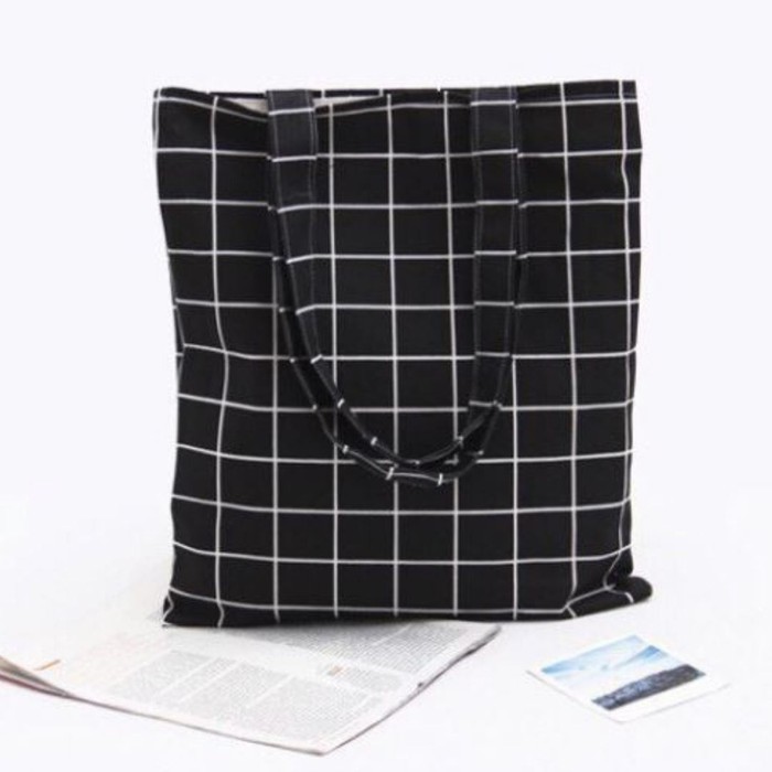 tas tote bag motif kotak cream hitam tas wanita