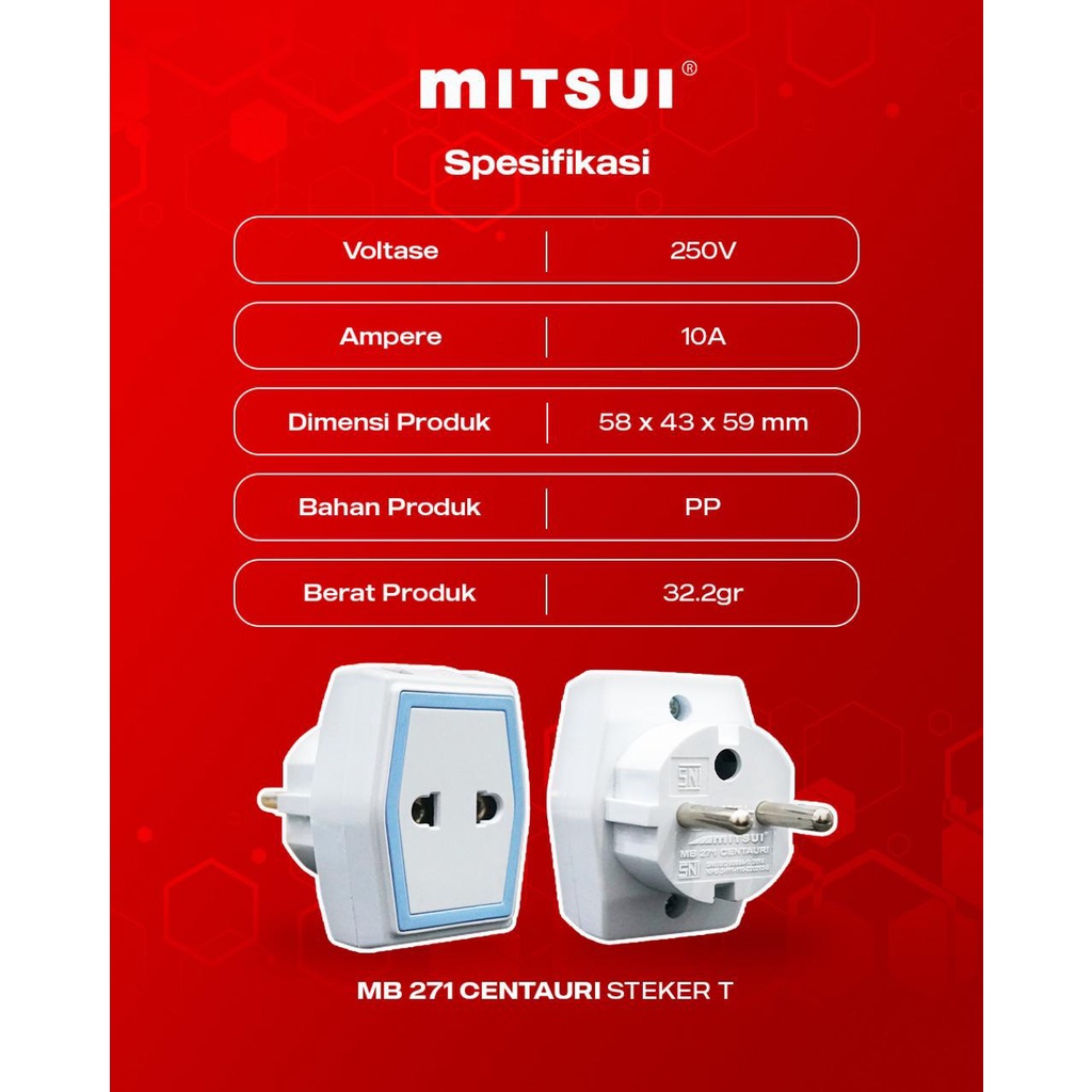 Mitsui Centauri Stop kontak T Datar 3 cabang steker