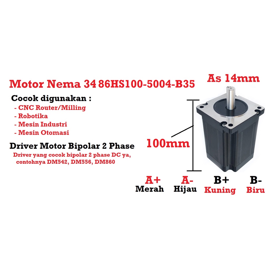 [HAEBOT] Motor Stepper Nema 34 86HS100 6.8Nm 100mm 5A Shaft 14mm CNC Laser Router Plasma Milling High Torque Mesin Robot Induksi Slider Mekanik Bipolar 2 Phase Fasa Coil Dinamo Penggerak