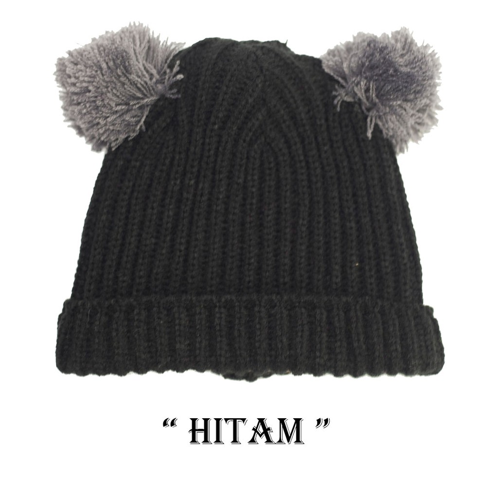 Kupluk Pompom Anak Bayi Cewek Cowok Polos / Bordir Nama Suka Suka-Hitam