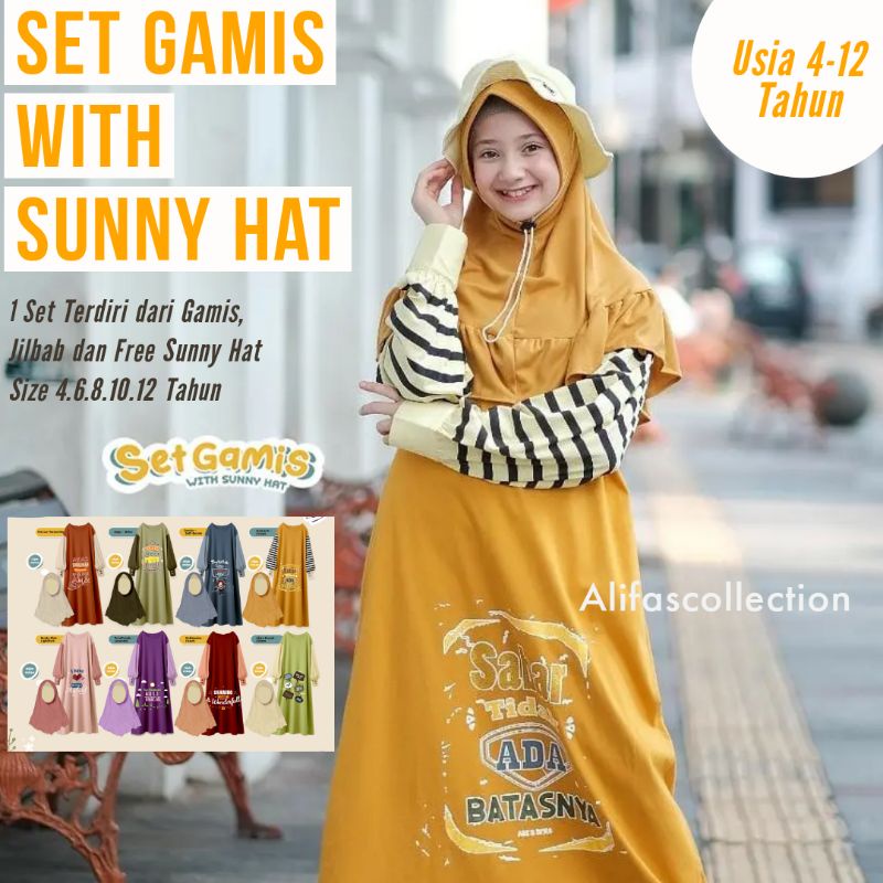 Set Gamis Anak With Sunny Hat ARKs Style Size 4 6 8 10 12 Tahun , Gamis Hijab Anak Tanggung FREE Top