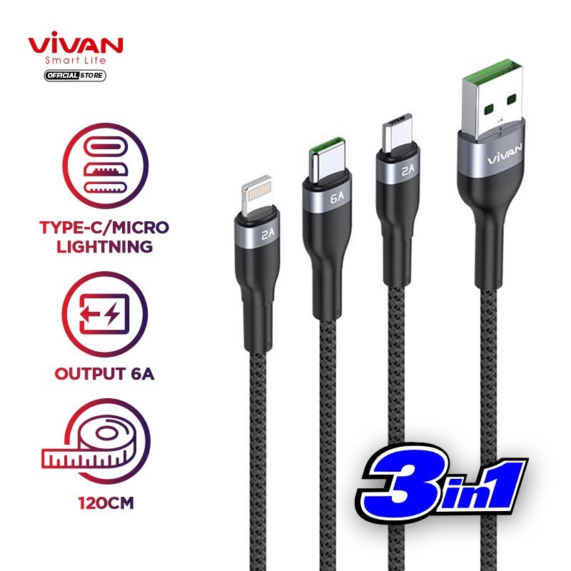 Kabel Data 3 in 1 Fast Charging 6A Micro USB - VIVAN VYT120