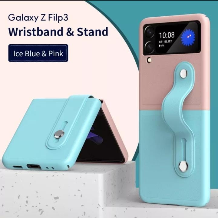 Hard Case Samsung Galaxy Z Flip 3 4 Silikon Macaron Candy With Wristband and Stand Pegangan Tangan Elegan dengan 2 warna kontras