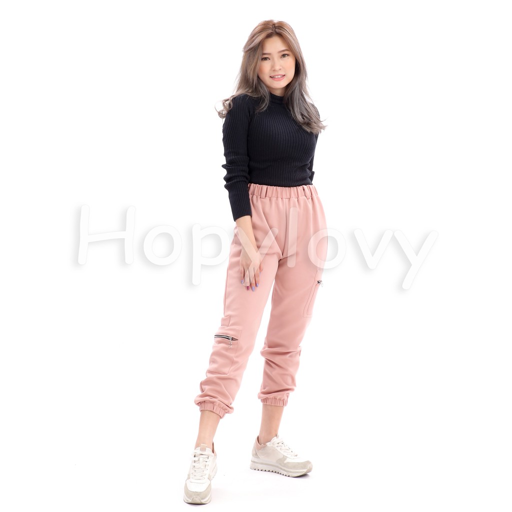 HOPYLOVY Celana Jogger Wanita Zipper Joger Ikari