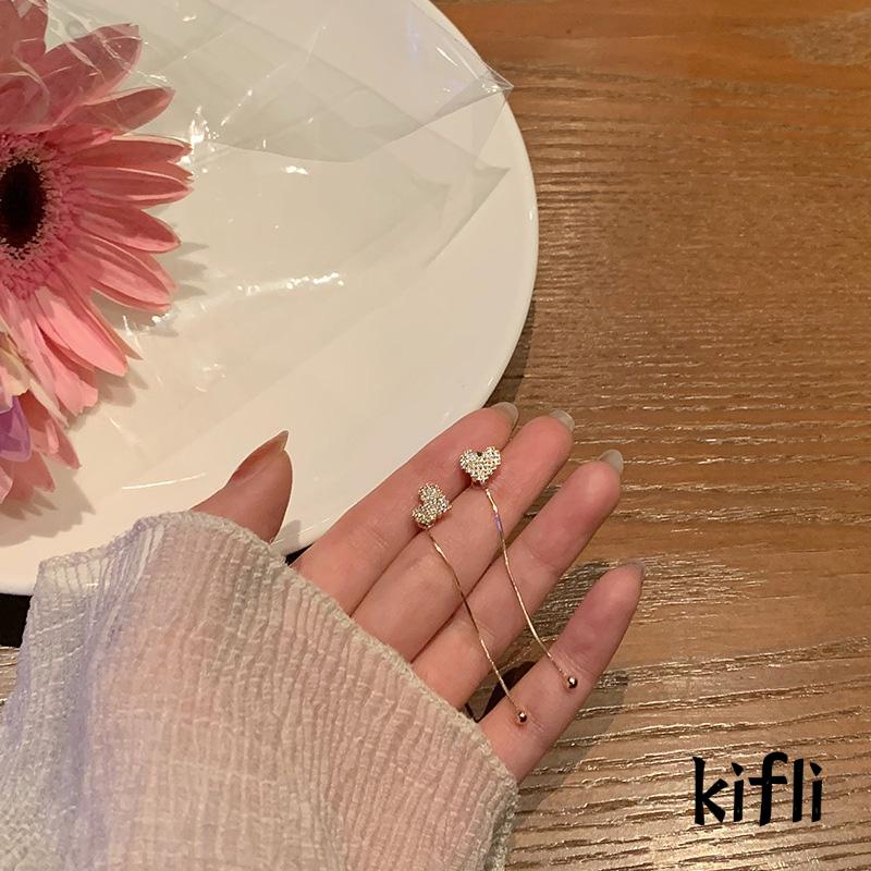 Anting Tusuk Gantung Panjang Desain Hati Hias Berlian Imitasi Untuk Wanita