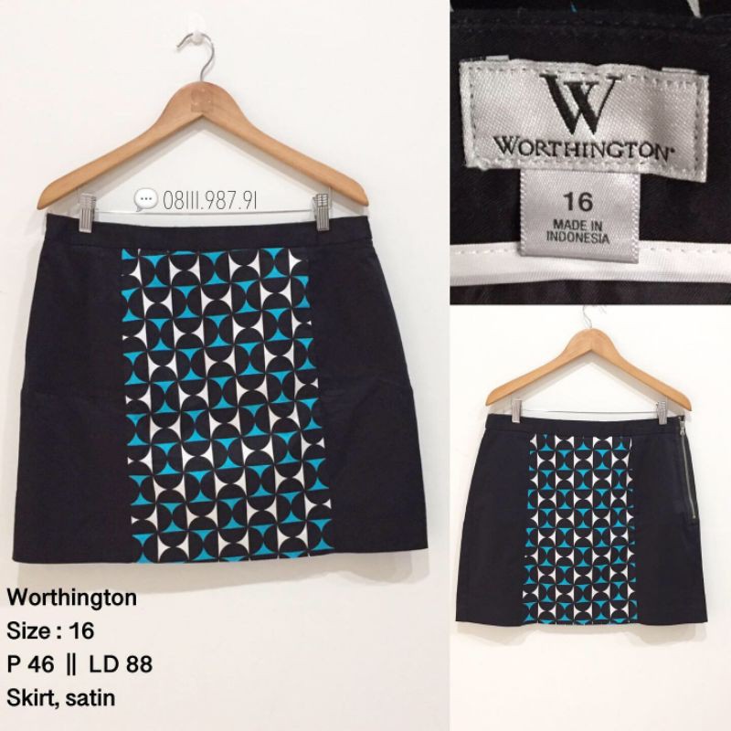 Worthington rok mini satin ziper samping motif biru putih hitam size 16