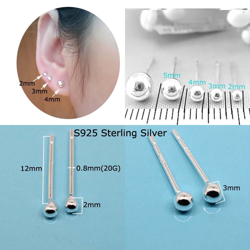 2piece S925 Sterling Silver Beads Ball Earrings Stud Mini Fit Unisex Silver Color 2-5mm 20Gauge