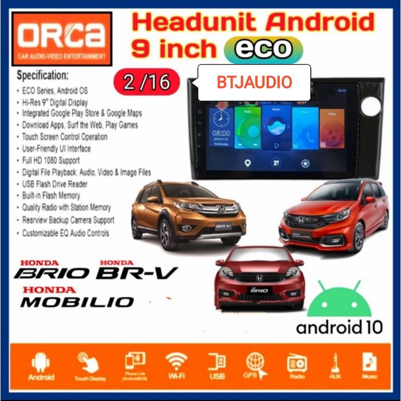 HEAD UNIT TAPE TV MOBIL DOUBLE DIN ANDROID MERK ORCA/DHD/SKELETON UNTUK HONDA MOBILIO, BRIO, BRV TAH