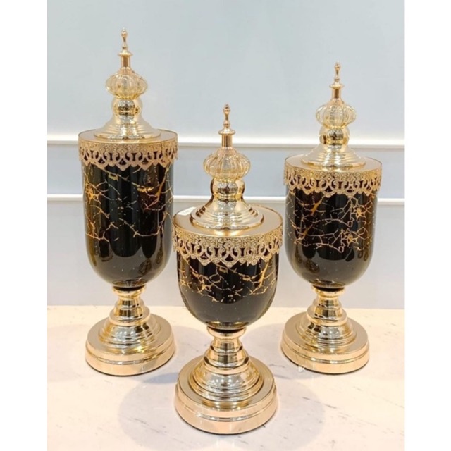 Toples Kristal Set 3 Gold Import/ Pajangan Toples Kristal set 3 Turki Import Black Marble