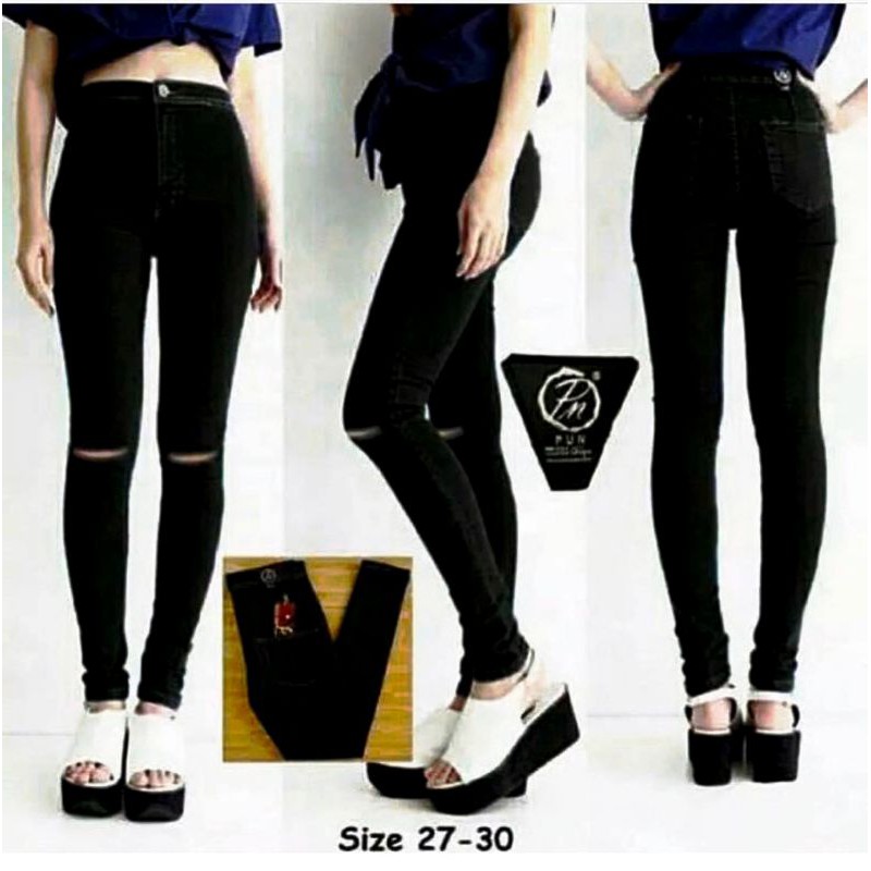 READY. CELANA PANJANG JEANS HITAM HIGH WAIST SOBEK LUTUT 27-34
