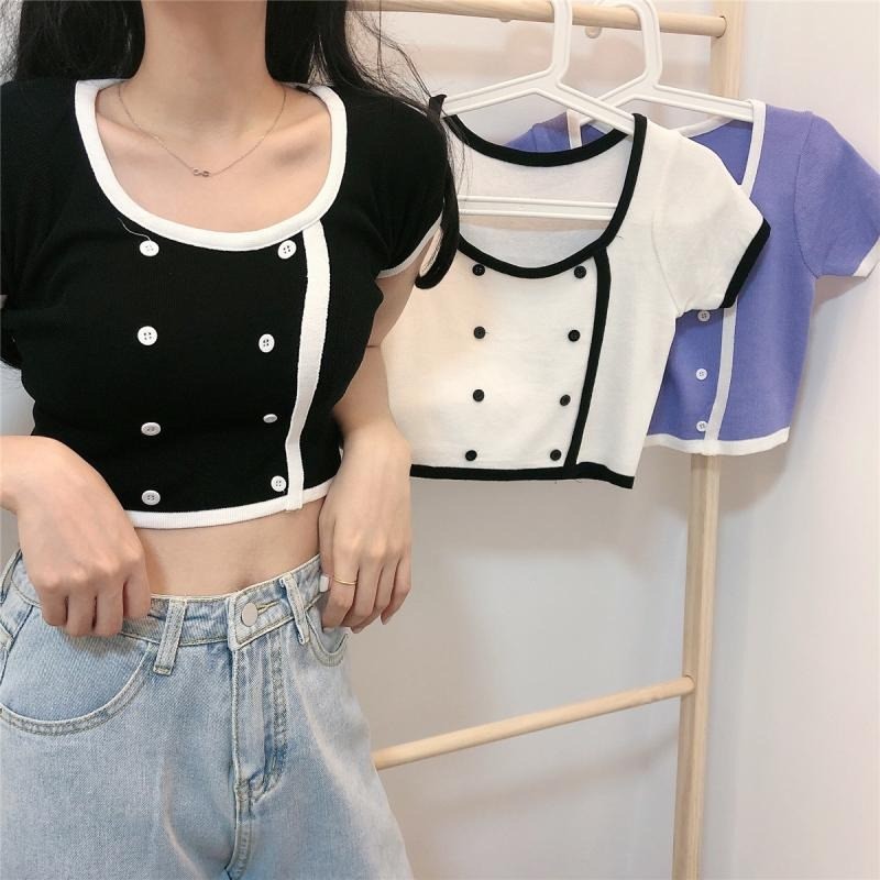 ZASKIYA - Korean Collar Crop Top Button JENNIE Black Pink Rib