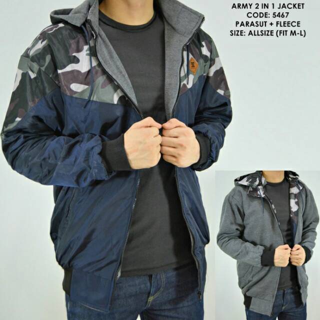 JAKET BOLAK BALIK 2IN1 MOTOR PARASUT FLEECE ARMY MIX POLOS COWOK PRIA