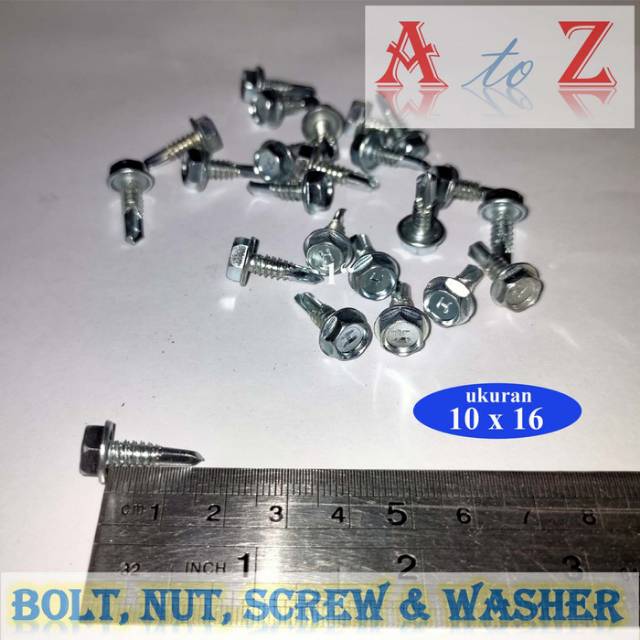 Baut baja ringan 10 x 16mm (100pcs)/baut atap/skrup/sekrup taso/driling/roofing 10 x 16 mm (H)