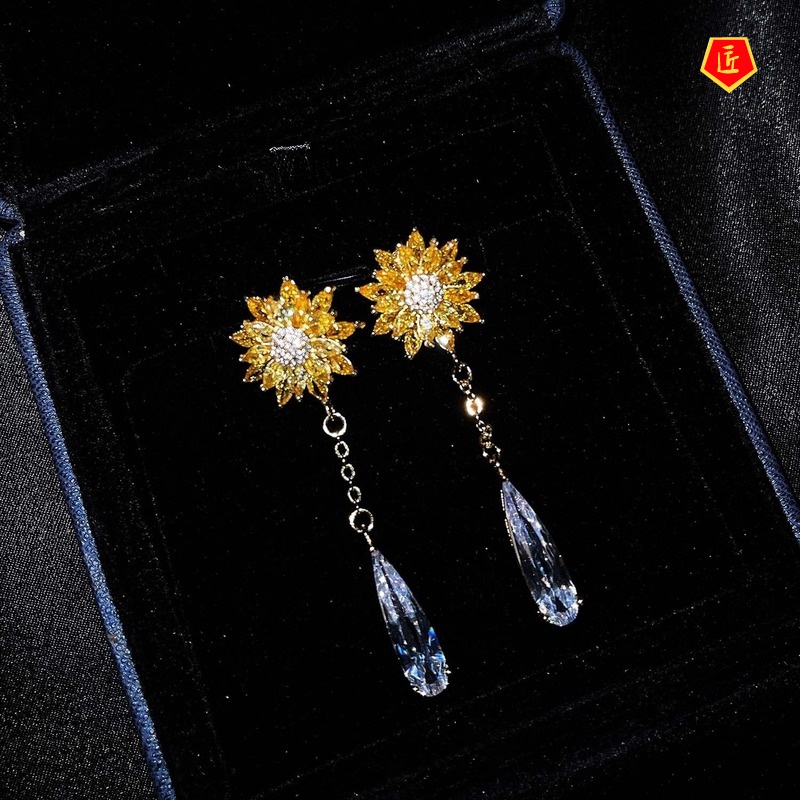 [Ready Stock]Luxury Sunflower Yellow Diamond Stud Earrings