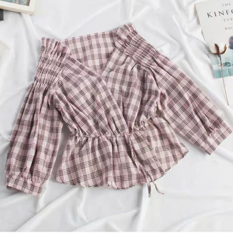 MDLV ~ 8289 PLAID ELASTIC WAIST PEPLUM TOP // ATASAN SABRINA LENGAN PANJANG // FASHION IMPORT WANITA