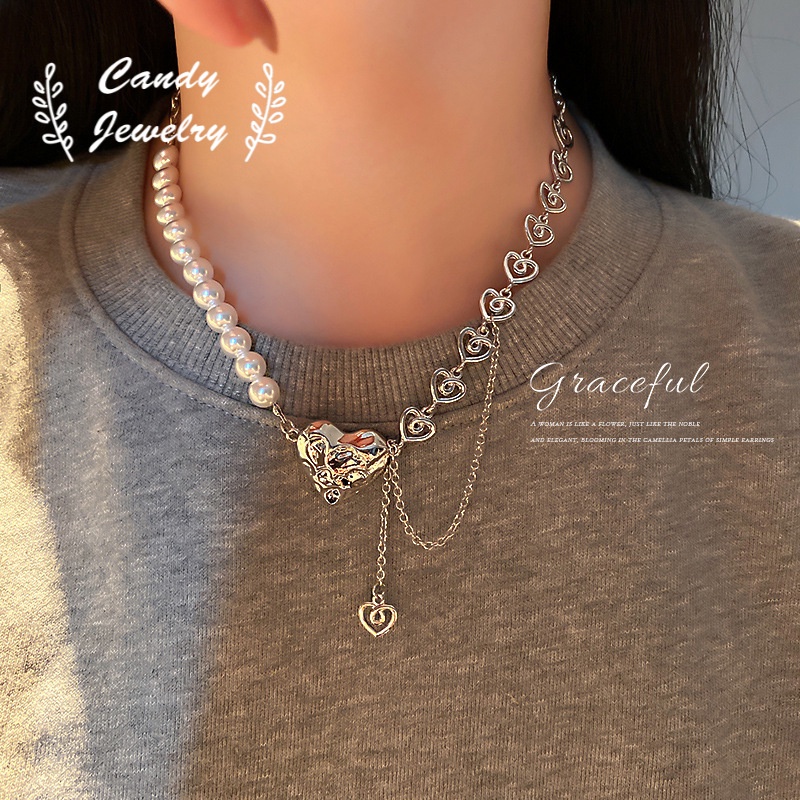 Candy Jewelry Fashion Love Heart Pearl Choker Splice Chain Short Necklaces Hip Hop Necklace for Women Accessories