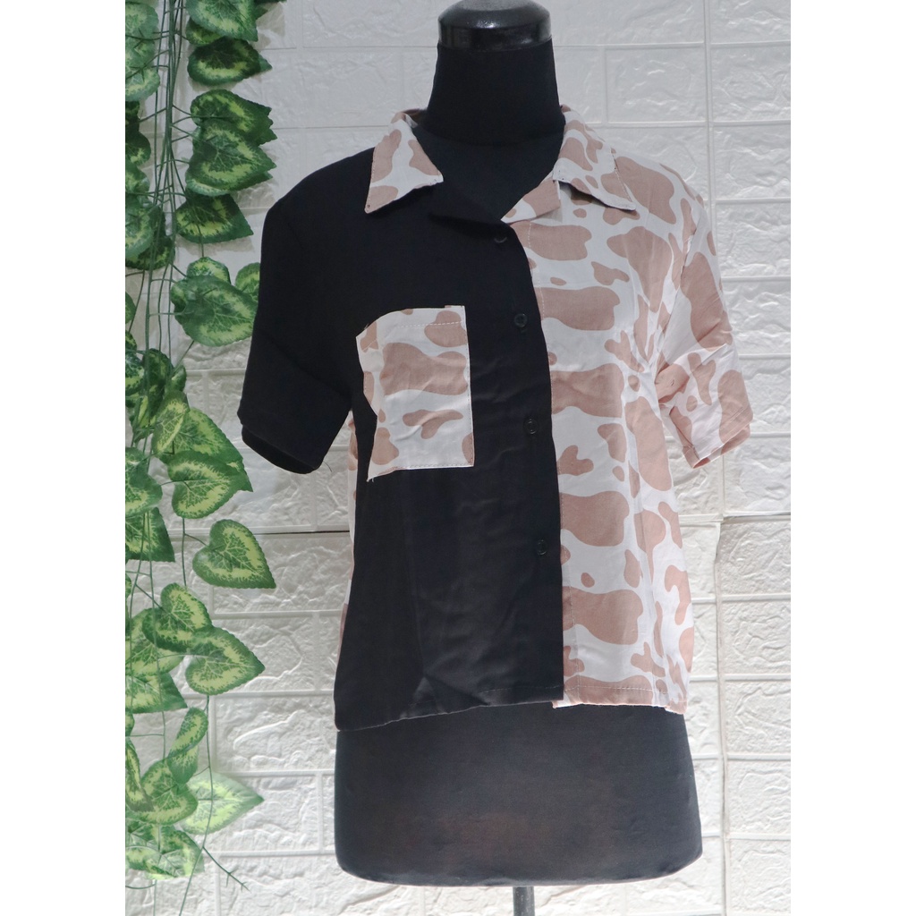 Baju Kemeja Wanita Two Tone Animal Kekinian / Kemeja dua warna / Top Wanita / Atasan Wanita-Sapi coklat susu