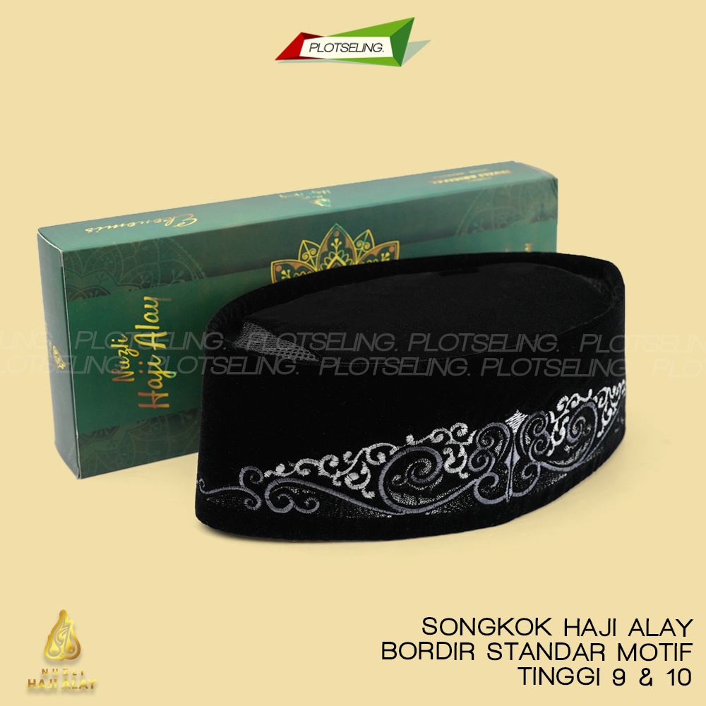 Songkok HAJI ALAY BORDIR STANDARD AC Tinggi 9 Peci Sholat Hitam Motif Full Batik NU Kopiah Shalat Beludru Anak Laki Santri Pesantren Ukuran Pria Dewasa Pendek Kopyah Putih Polos Karakter Nama Nasional Kopeah Susun Solat Bulat Bludru Malaysia Ori