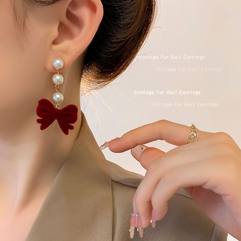 Anting Stud Hias Mutiara Warna Merah Gaya Vintage Korea Untuk Wanita