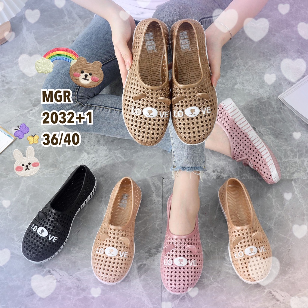 Sepatu Jelly Karet Wanita Jaring Bear Beruang Love Kuping Timbul 3D Cantik Lucu Kantor Imut Impor MGR Mokaya Balance (2032+1)/Size 36-40