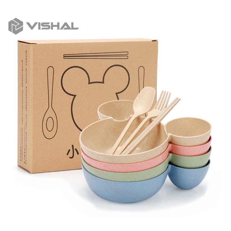 VISHAL Mangkok Set Peralatan Makan Anak 4 in1Bahan Jerami Gandum Children Tableware Piring VS-25