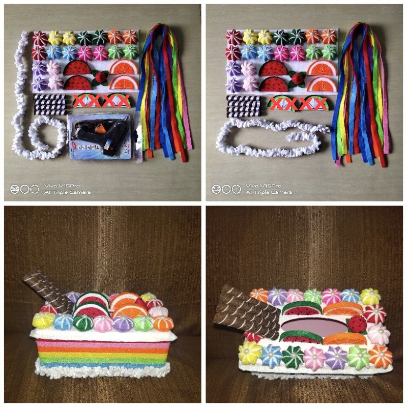 Paket DIY Kerajinan Tangan Prakarya Handmade Kotak Tissue Flanel Karakter RAINBOW CAKE SEMANGKA KUE 