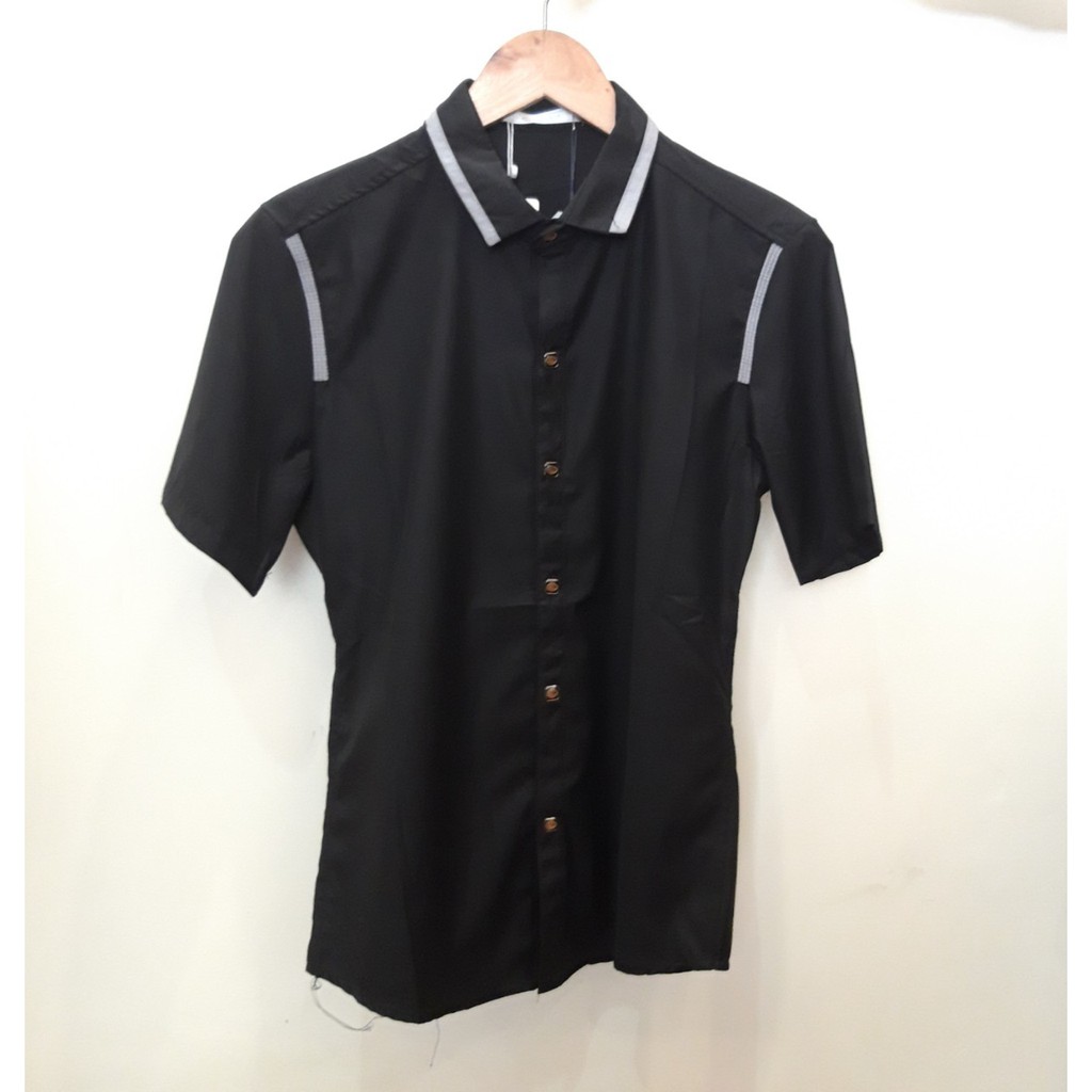 Nxnitrox Kemeja Pria Slimfit Lengan Pendek Hitam abu K