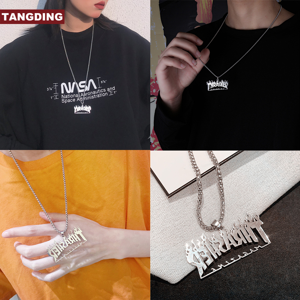 【COD Tangding】Kalung Rantai Dengan Liontin Api Thrasher Majalah Gaya Hip Hop Untuk Pria