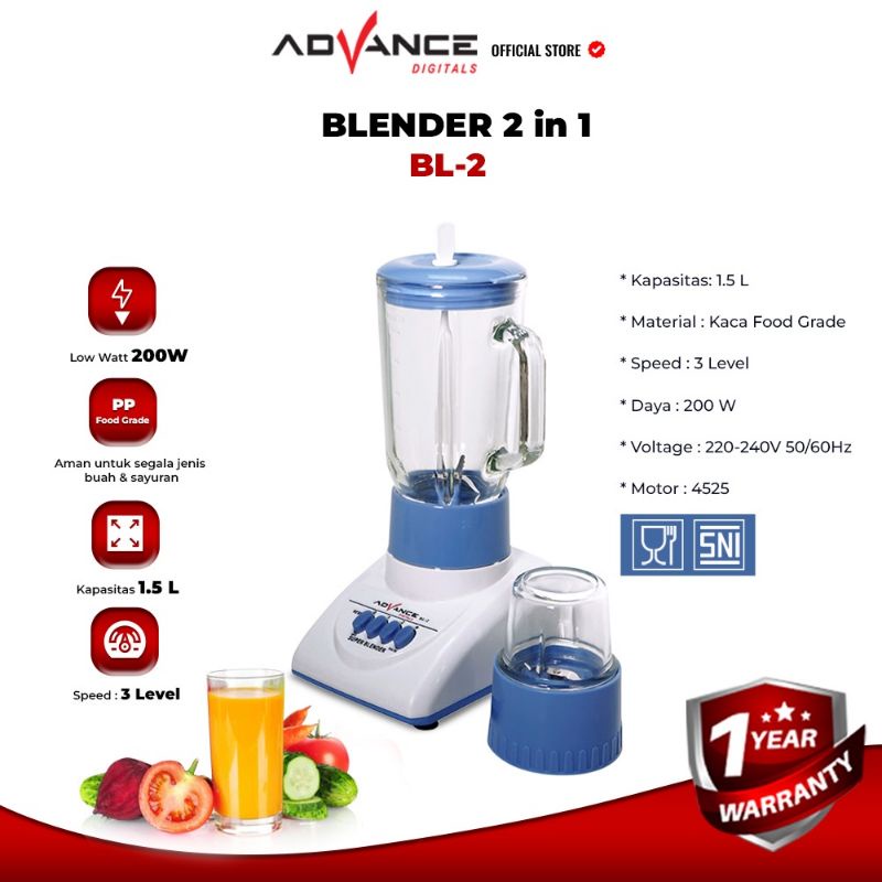 Blender Multifungsi Advance BL-2 Tabung Kaca 1.2 Liter Garansi Resmi Advance 1 tahun