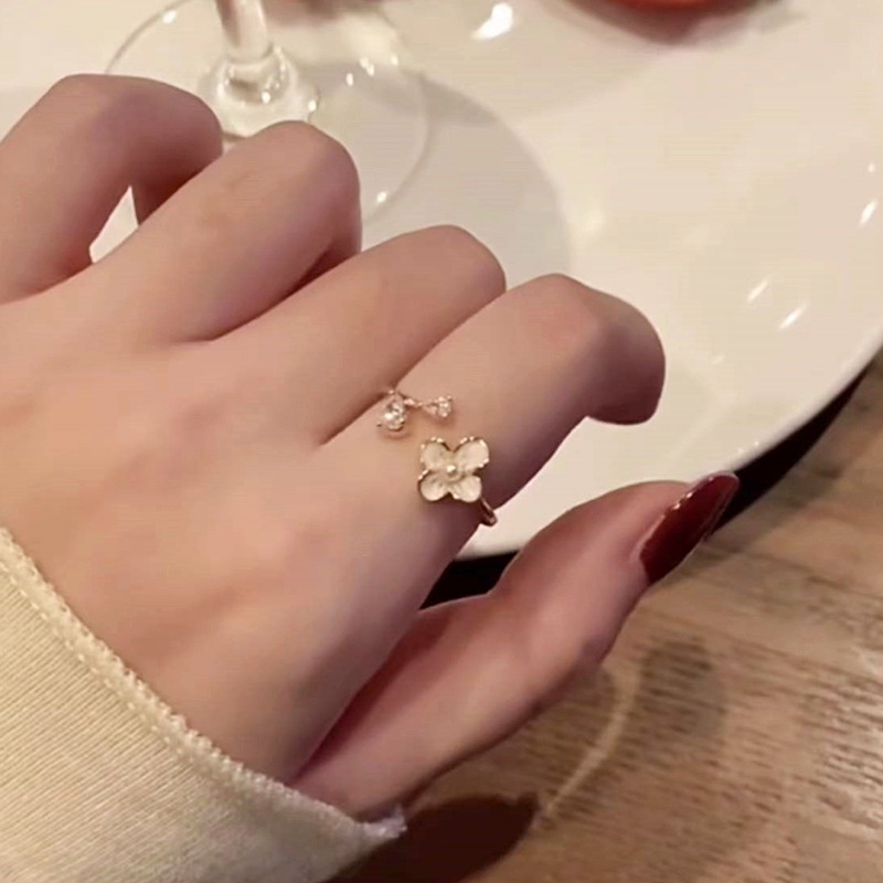 Cincin Jari Telunjuk Model Terbuka Dapat Disesuaikan Desain Bunga Aksen Mutiara Berlian Imitasi Gaya Korea Untuk Wanita