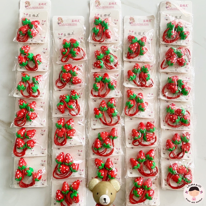 IKAT KUNCIR PASANGAN 12PC STRAWBERRY MERAH LUCU ANAK GROSIR