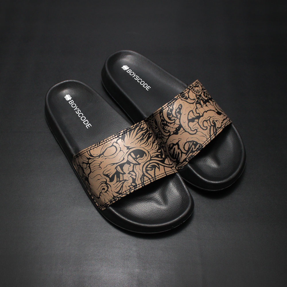 Sendal Selop Pria Wanita Distro Boyscode Dragonforce Motive Brown / Sendal Slip On Pria / Sendal Slide Pria