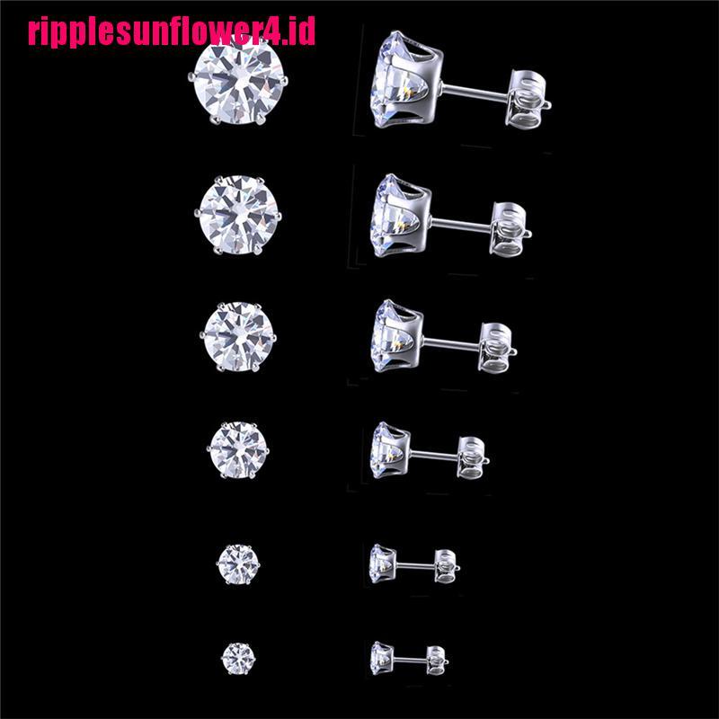 6 Pasang Anting Stud Cubic Zirconia Bulat Bahan Stainless Steel Ukuran 3mm - 8mm