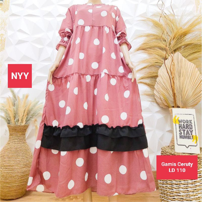 Gamis Ceruty Andara Baby Doll Polka Import Premium Allsize