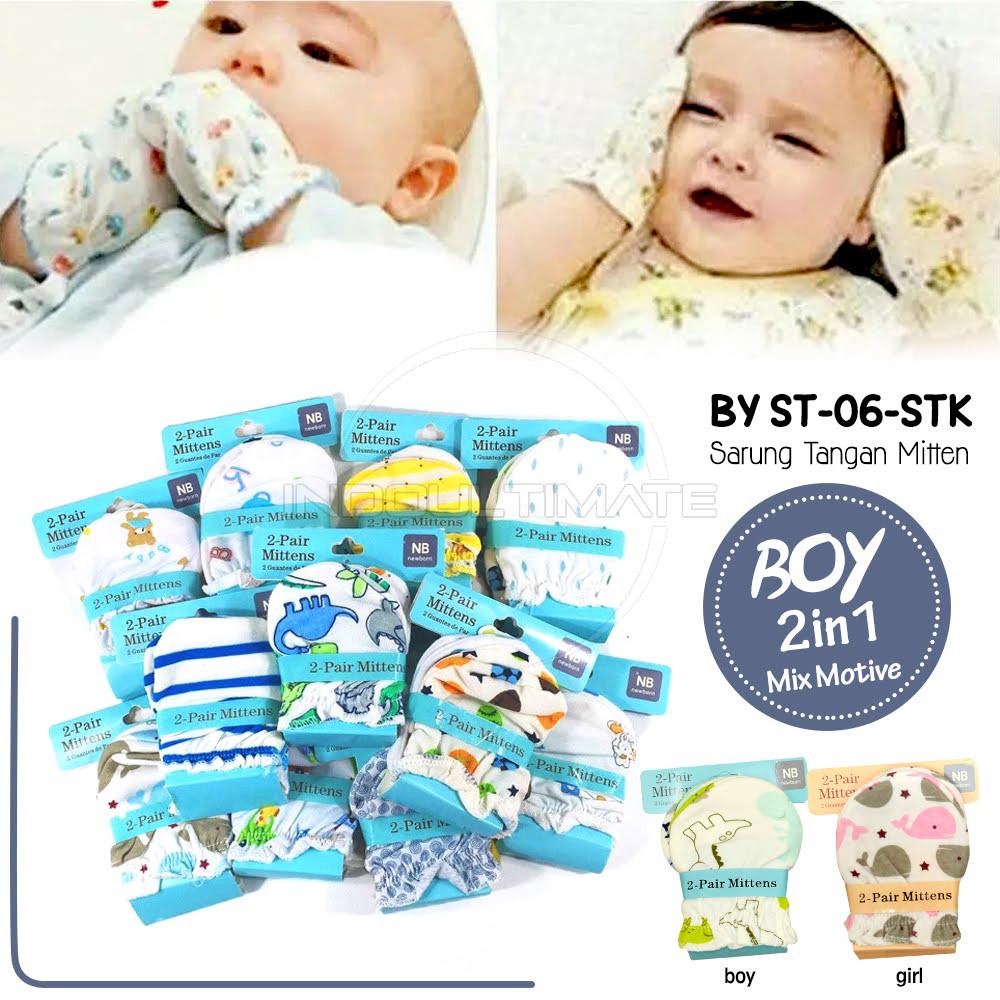 2in1 Set Sarung Tangan Bayi COTTON PREMIUM ST-06 Pelindung Tangan Bayi Baru Lahir New Born