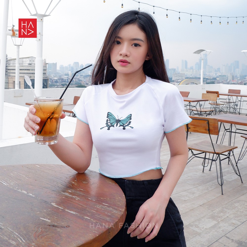 Hana Fashion - Mariposa Crop Top Kaos Butterfly Wanita - CT150