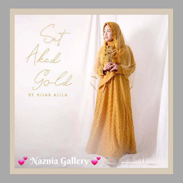 Set Gamis Akad Brukat Yellow Gold HIJAB ALILA | Set Gamis Akad Nikah Syari & Khimar Instan / Square